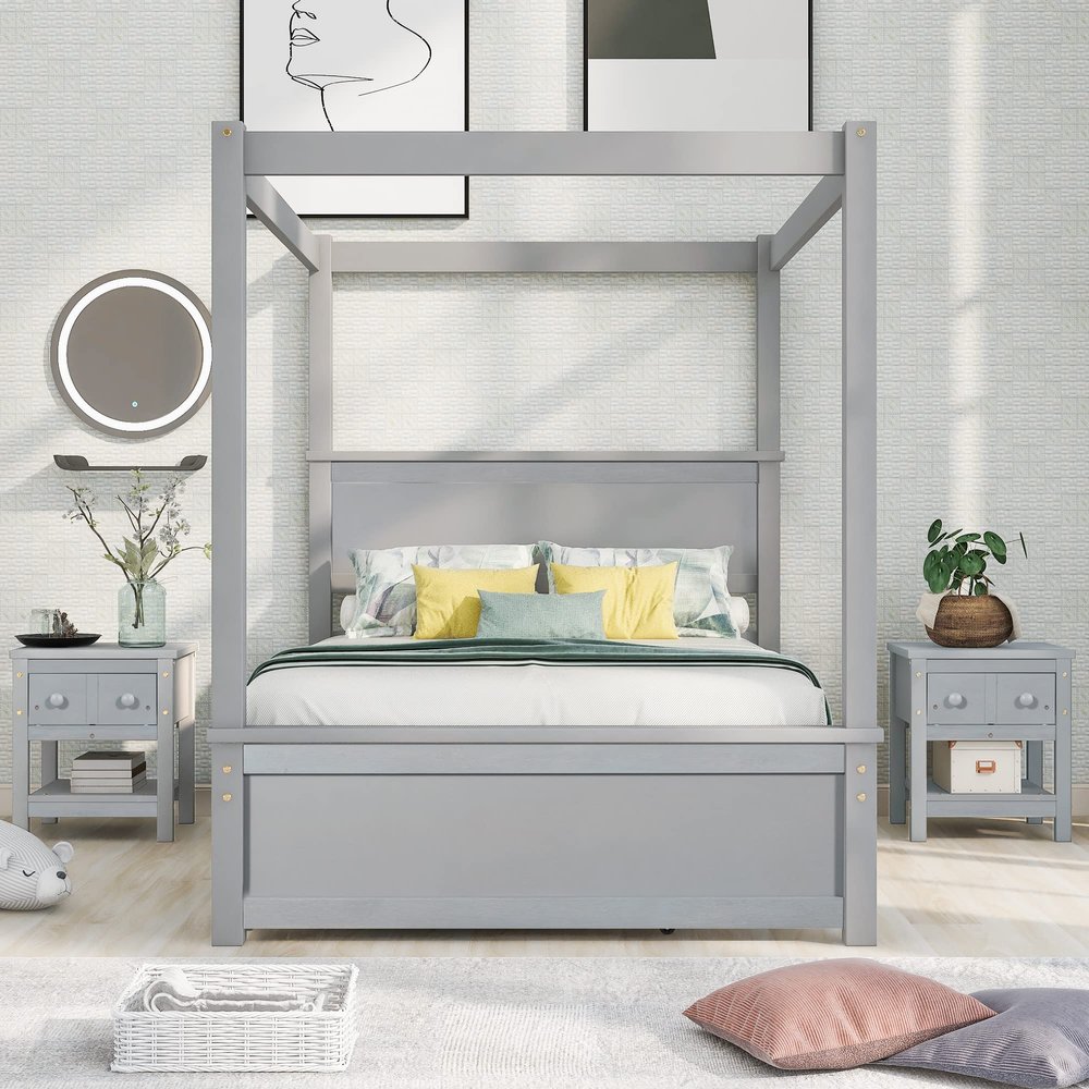 Full Size Wood Canopy Bed with Trundle Bed and Two Nightstand, Modern Bedroom Set for Kids Girls Boys Teens,Can Be Freely Decorated (Gray+Bedroom Set)