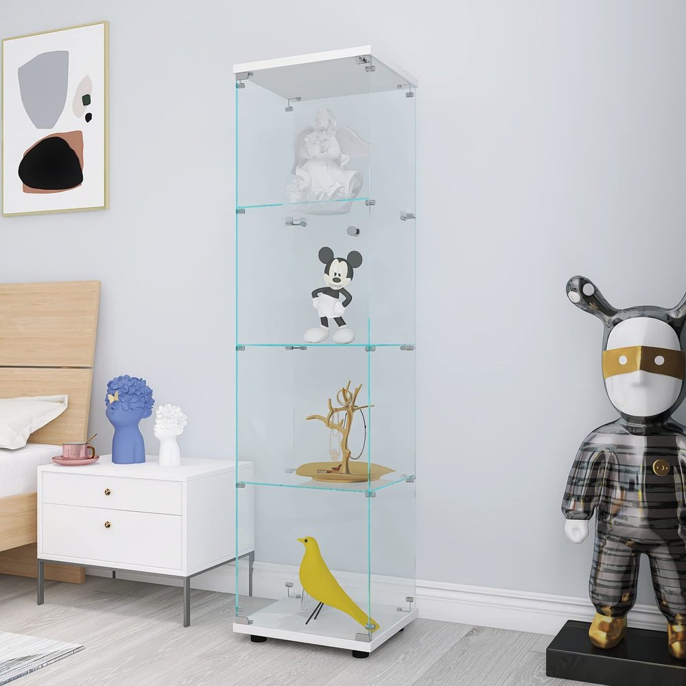 Goujxcy 4-Shelf Glass Display Cabinet Curio Cabinets with Glass Doors, Floor Standing Curio Bookshelf Collection Display Case for Living Room Bedroom Office, 64.56 x 16.73x 14.37 (White)