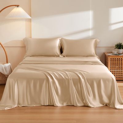 THXSILK Silk Sheet Set 4Pcs, 6A+ Top Grade 100% Natural Mulberry Silk Bed Sheets Luxury Bedding Sets Ultra Soft Durable Cooling, 1 Fitted Sheet, 1 Flat Sheet and 2 Pillow Shams (Queen, Champagne)