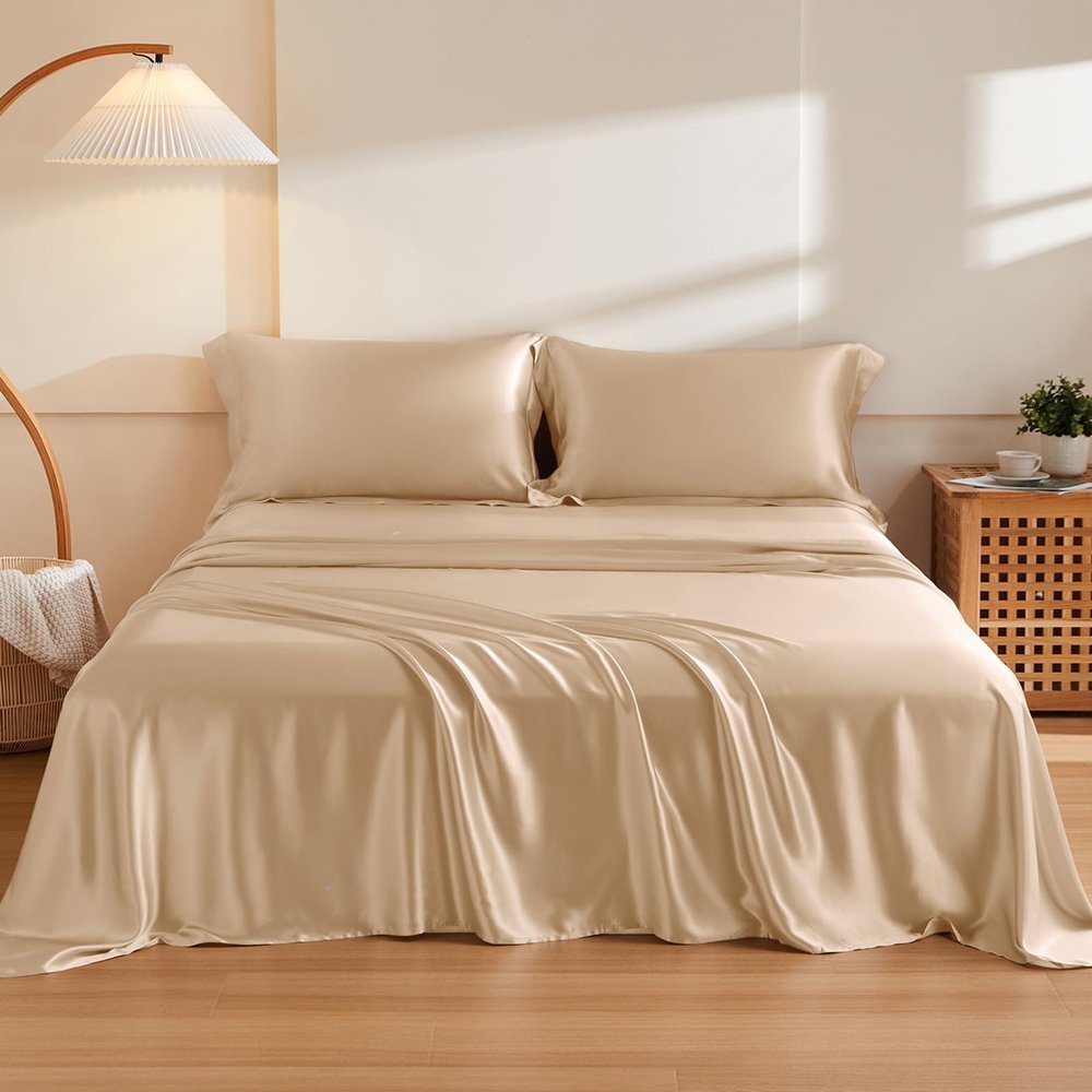THXSILK Silk Sheet Set 4Pcs, 6A+ Top Grade 100% Natural Mulberry Silk Bed Sheets Luxury Bedding Sets Ultra Soft Durable Cooling, 1 Fitted Sheet, 1 Flat Sheet and 2 Pillow Shams (Queen, Champagne)
