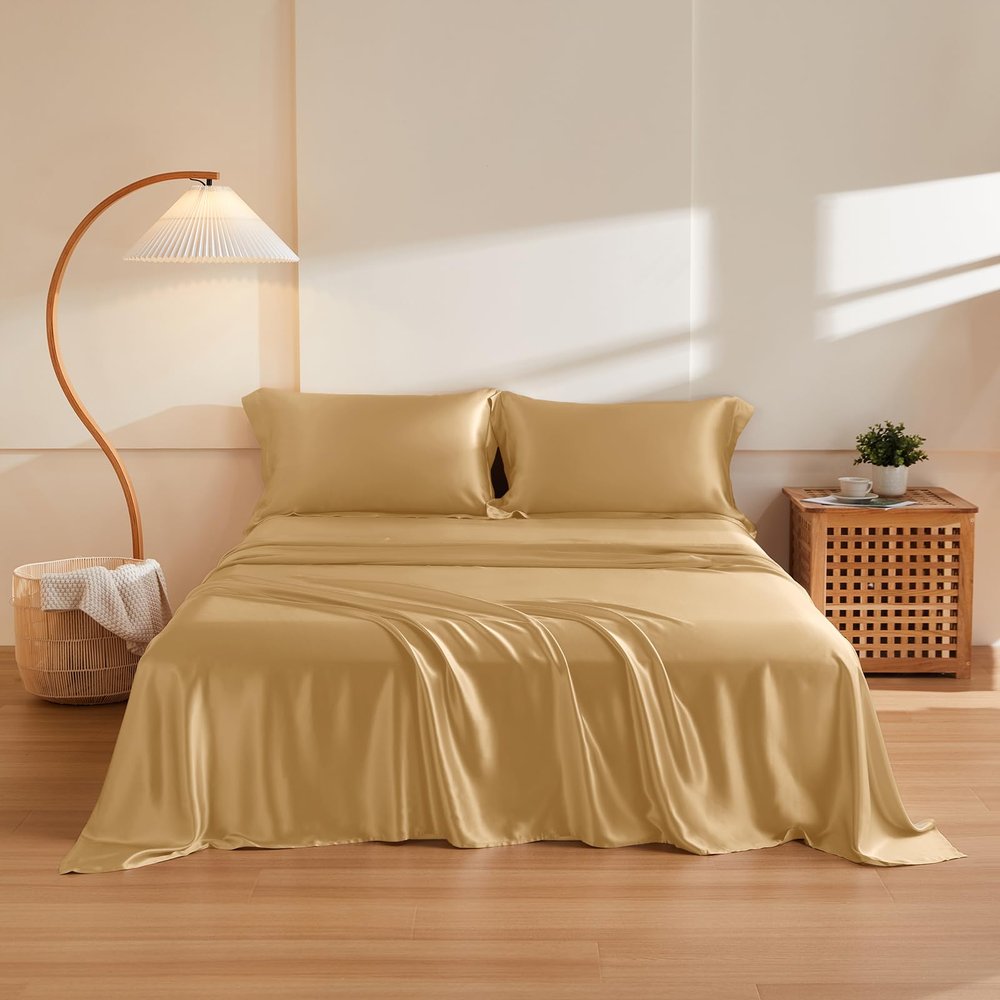 THXSILK Silk Sheet Set 4Pcs, 6A+ Top Grade 100% Natural Mulberry Silk Bed Sheets, Luxury Bedding Sets Ultra Soft Durable, 1 Fitted Sheet, 1 Flat Sheet and 2 Pillow Shams (Cal. King, Metallic Gold)