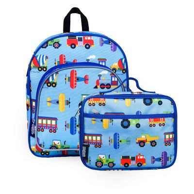 Wildkin 12-Inch Kids Backpack & Insulated Lunch Box Bag Bundle  Durable, Lightweight School & Travel Set for Kids - Trains, Planes & Trucks