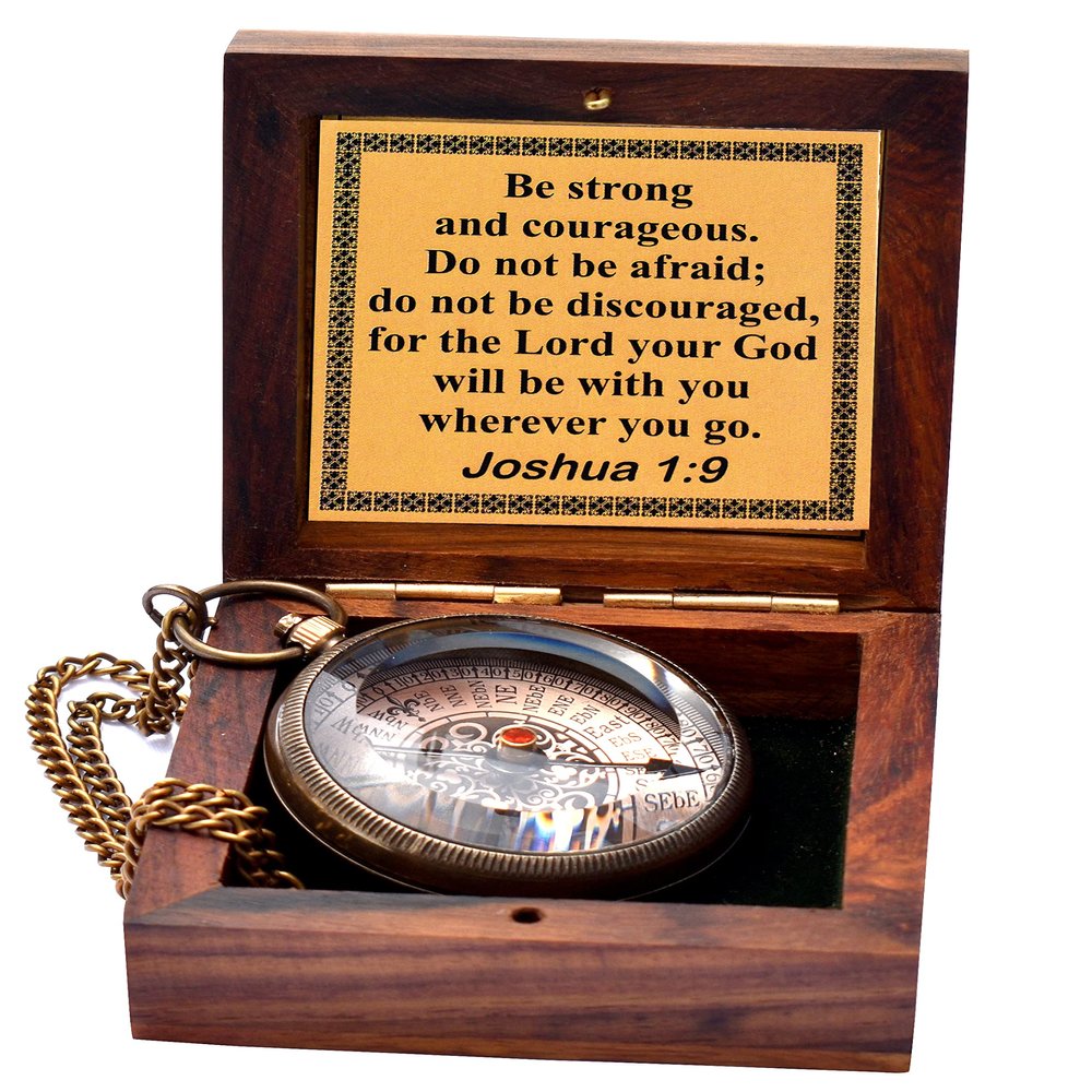 Be Strong and Courageous- Joshua 1: 9 Quote Engraved Compass with Wooden Box, Greeting Card, Gift Compass, Graduation Day Gifts 2026 Compass for Women Mens Boy Girls