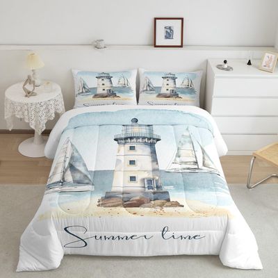 Nautical Comforter Sailboat Lighthouse Bedding Watercolor Ocean Themed Bedding Sets & Collections Summer Beach Down Comforter Twin Size Decoratives 2pcs Sea Adventure Bedroom Decor, Luxury White Blue