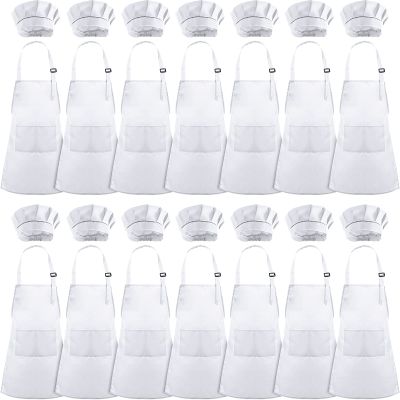 Handepo 28 Pcs Kid Apron and Chef Hat Set Adjustable Bib Apron with Pockets for Kids Cooking Baking Painting Crafting(White)