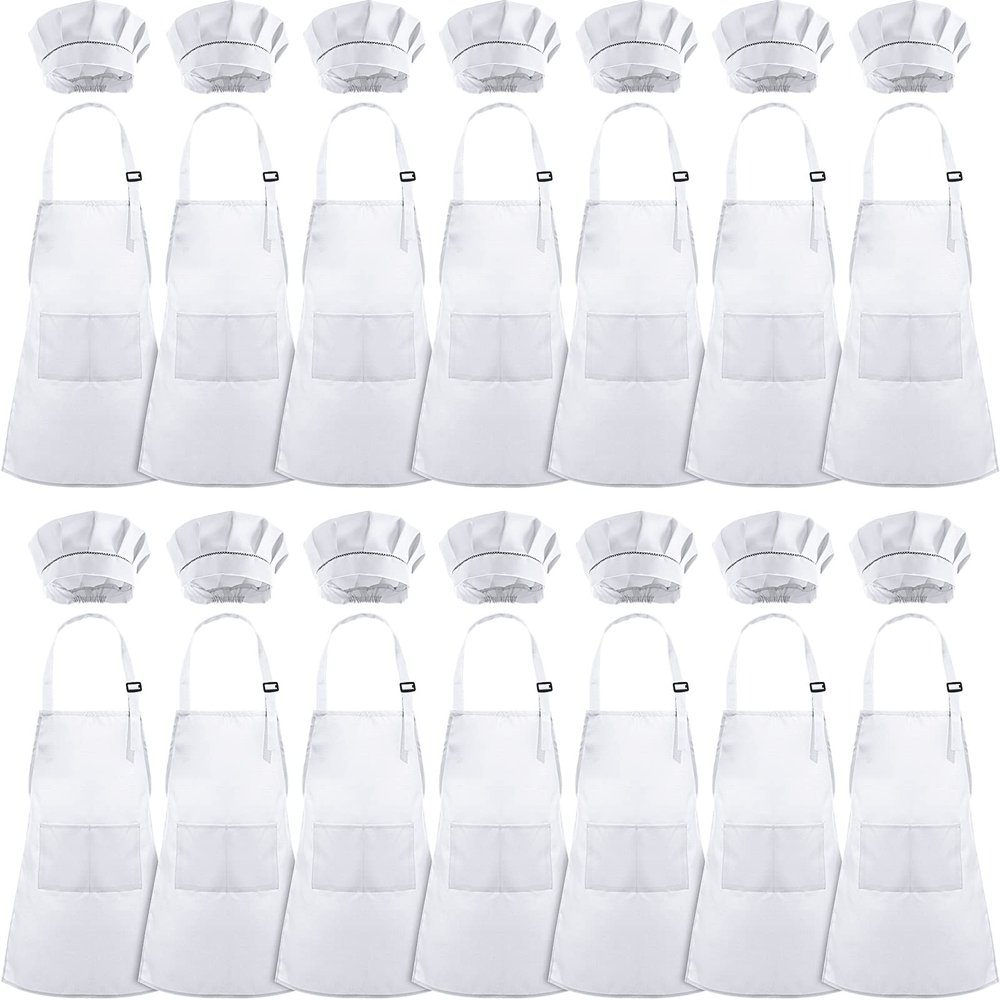 Handepo 28 Pcs Kid Apron and Chef Hat Set Adjustable Bib Apron with Pockets for Kids Cooking Baking Painting Crafting(White)