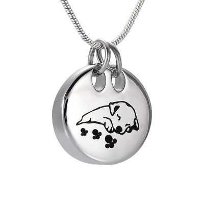 SHEIL Cute Sleeping Dog Cremation Necklace Round Stainless Steel Pet Memorial Urn Pendant Funeral Keepsake Jewelry for Dog Ash Holder