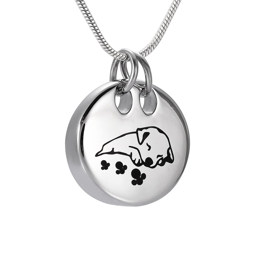 SHEIL Cute Sleeping Dog Cremation Necklace Round Stainless Steel Pet Memorial Urn Pendant Funeral Keepsake Jewelry for Dog Ash Holder