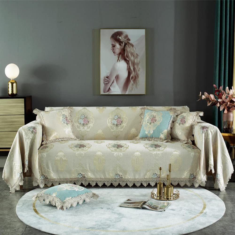 XSlive Luxury Jacquard Sofa Cover Soft Thick Chenille Sectional Couch Cover with Lace Floral Pattern Decorative Throw Blanket Furniture Cover for Sofa Bed (Beige,71"x59")
