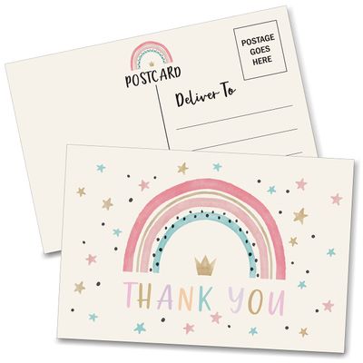 Birthday Thank You Postcards, Watercolor Rainbow Thank You Cards for Kids Girls Boys Birthday Party, Baby Shower Party, Set of 20 (A02)