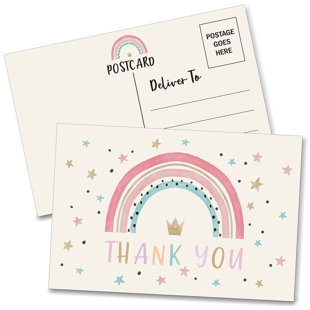 Birthday Thank You Postcards, Watercolor Rainbow Thank You Cards for Kids Girls Boys Birthday Party, Baby Shower Party, Set of 20 (A02)