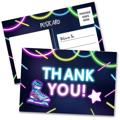 Birthday Thank You Postcards, Neon Roller Skating Thank You Cards for Kids Girls Boys Birthday Party, Baby Shower Party, Set of 20 (A05)
