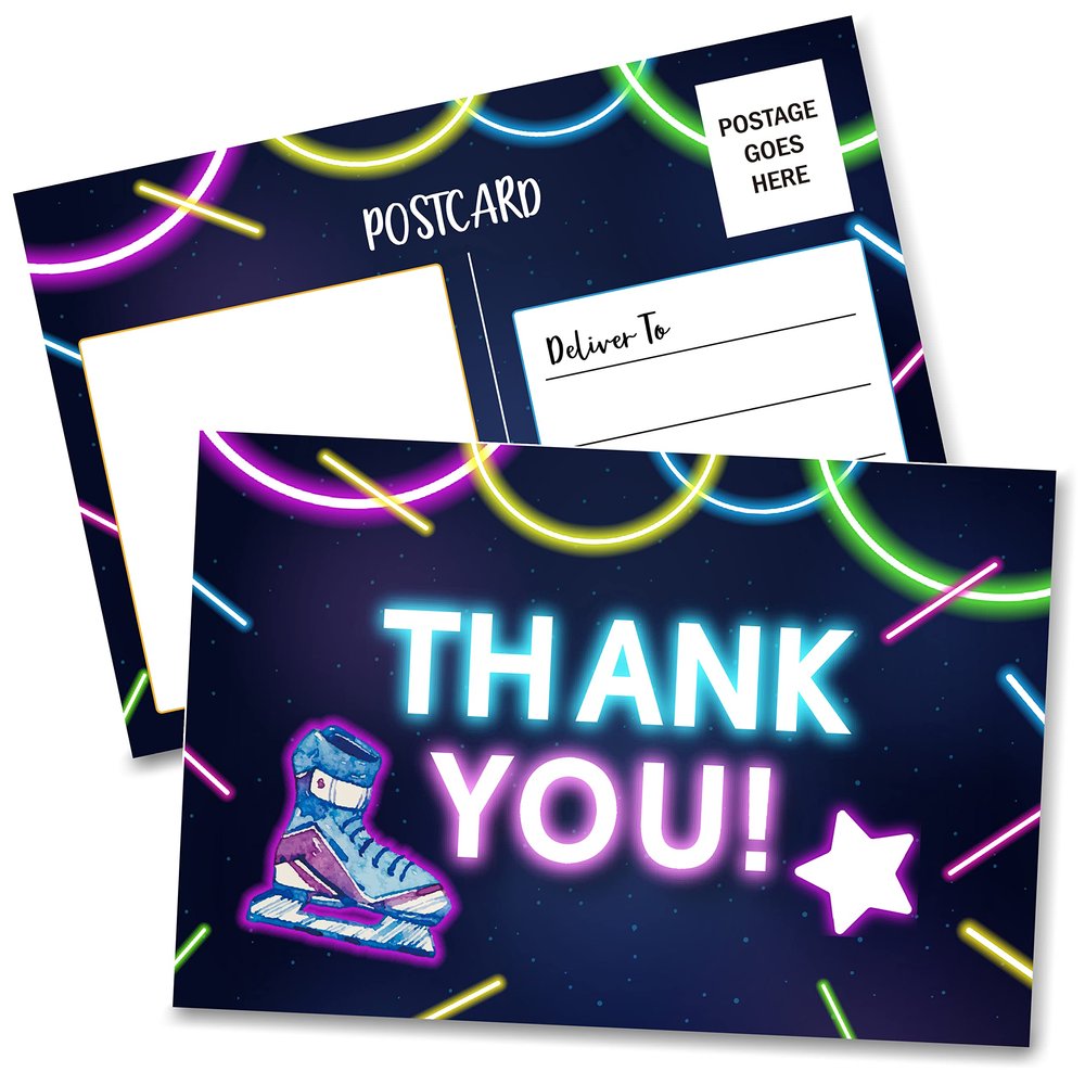 Birthday Thank You Postcards, Neon Roller Skating Thank You Cards for Kids Girls Boys Birthday Party, Baby Shower Party, Set of 20 (A05)