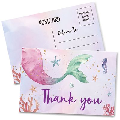 Disfuco Birthday Thank You Postcards, Mermaid Theme, Under The Sea, Ocean Thank You Cards for Kids Girls Boys Birthday Party, Baby Shower Party, Set of 20 (A06)