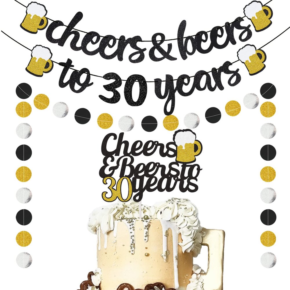 Happy 30th Birthday Banner - Cheers to 30 Years Banner 30 Years Old Cake Topper, Glittery Circle Dots Garland 30th Birthday Decorations Party Supplies (Black Gold)