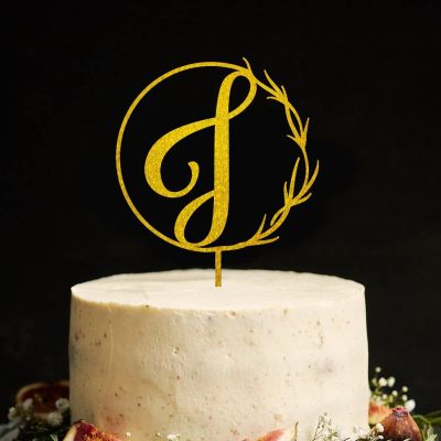 Vinisong Personalized Initial Letter J Cake Topper Wooden Wreath Monogram Cake Toppers Perfect for Birthday Rustic Wedding Anniversary Party Keepsake Decoration(Design 07,J)