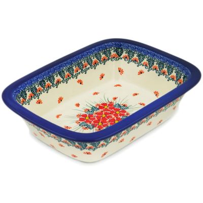 Polmedia Polish Pottery Rectangular Baker UNIKAT - Pink Forget Me Not Pattern Handmade in Boleslawiec Poland by Ceramika Artystyczna + Certificate of Authenticity