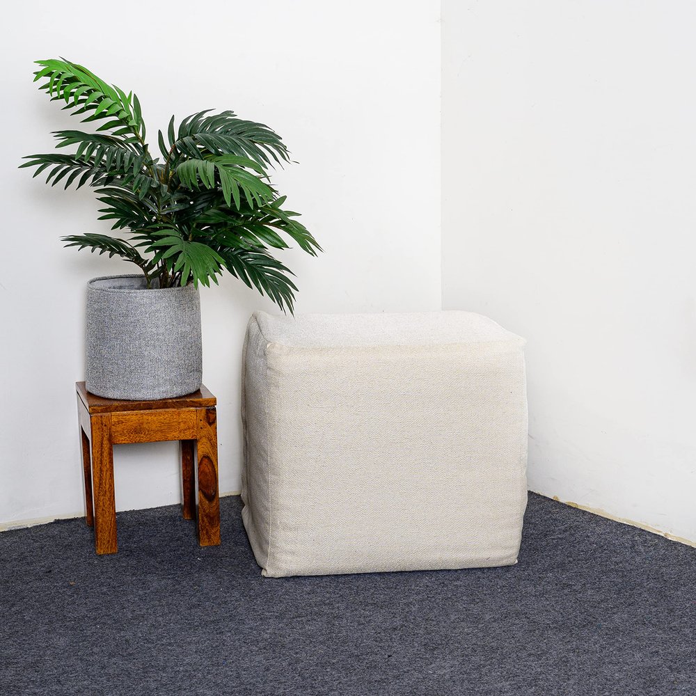 Saffron Jute Pouf Cover Footstool Ottoman Unstuffed Cover - Pouffee Cushion Footrest Cover 18" Width x 18" Length x 16" Height (Ivory, 18" D x 18" W x 16" H Cube)