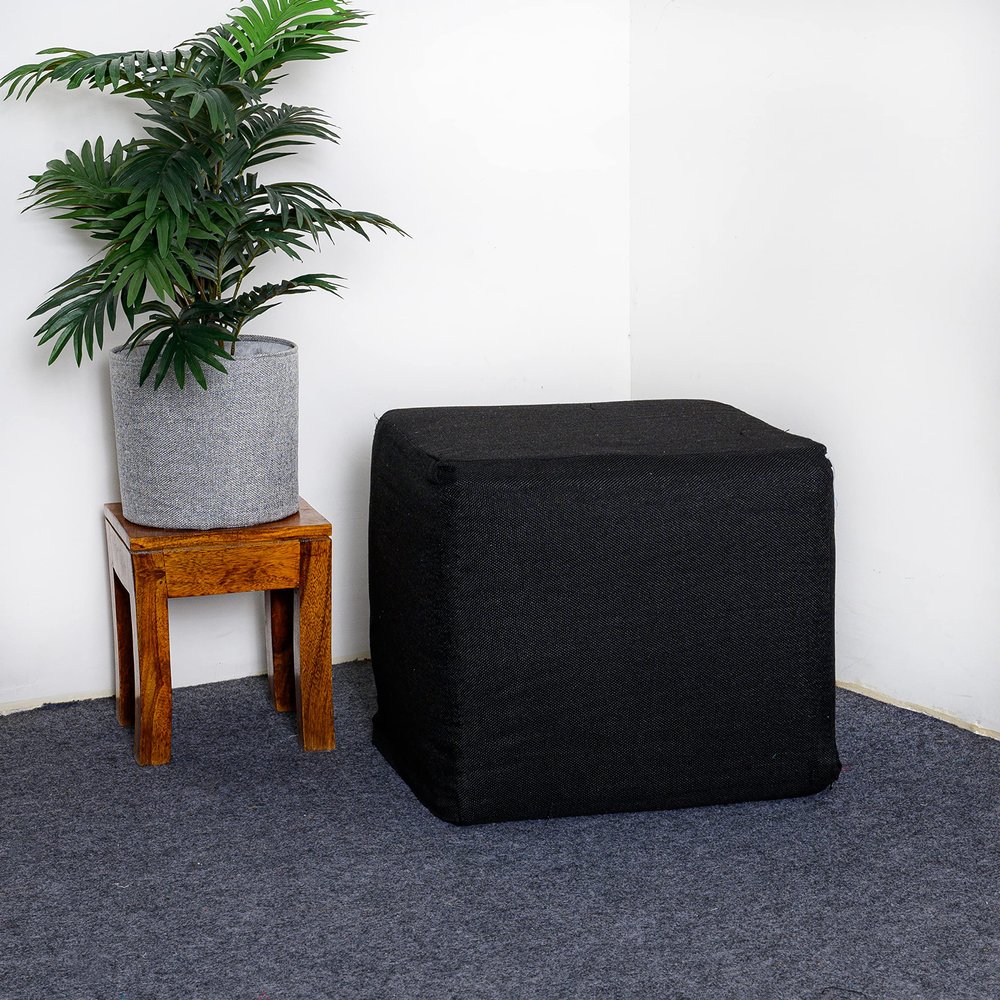 Saffron Jute Pouf Cover Footstool Ottoman Unstuffed Cover - Pouffee Cushion Footrest Cover 18" Width x 18" Length x 16" Height (Black, 18" D x 18" W x 16" H Cube)