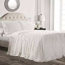Dainty Homes : 3 Piece Ruffle Bed Spread Shabby Chic Farmhouse Style 100% Egyptian Cotton 600 TC 30" Drop Queen -Solid White