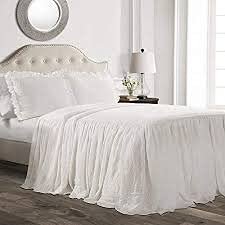 Dainty Homes : 3 Piece Ruffle Bed Spread Shabby Chic Farmhouse Style 100% Egyptian Cotton 600 TC 30" Drop Queen -Solid White