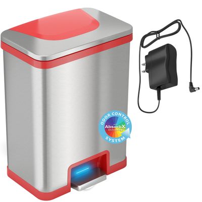 Halo TapCan 13 Gallon Effortless One-Tap Pedal Sensor Trash Can with Odor Filter and AC Adapter-Stainless Steel with Red Trim, Kitchen and Office Garbage Bin (TC13SRAC)