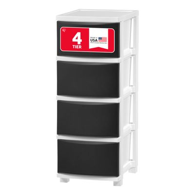 IRIS USA Plastic Drawer Storage Organizer, 4-Drawers, for Classroom Art Supplies Bathroom Dorm Bedroom Laundry Room, Slim Narrow, White Frame with Matte Black Front Panels