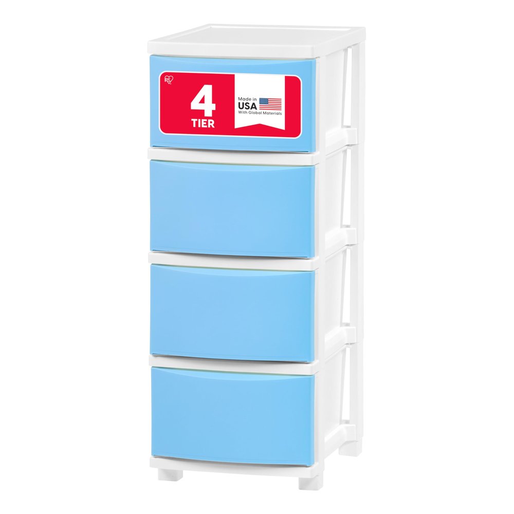 IRIS USA Plastic Drawer Storage Organizer, 4-Drawers, for Classroom Art Supplies Bathroom Dorm Bedroom Laundry Room, Slim Narrow, White Frame with Matte Blue Front Panels