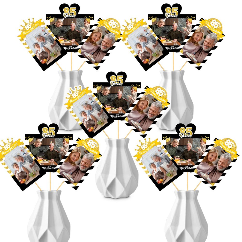 MEFENG 15Pcs 85th Birthday Party Picture Centerpiece Sticks - Black Gold - 85 Years Old Birthday Party Supplies