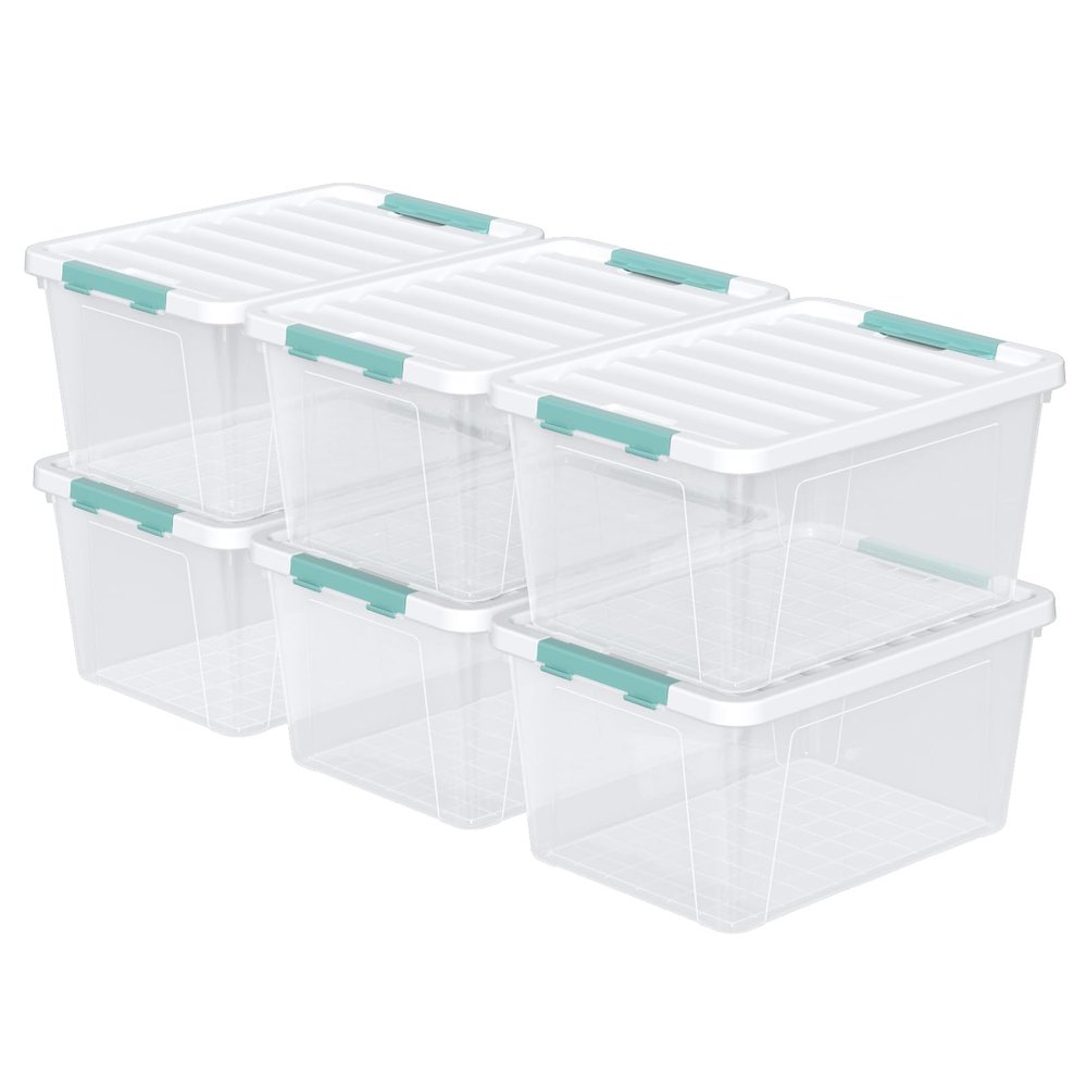 Buyitt 6-Pack 35 quart Large Plastic Storage Bin, Latching Box with Clear Base, White Lid and Green Latches