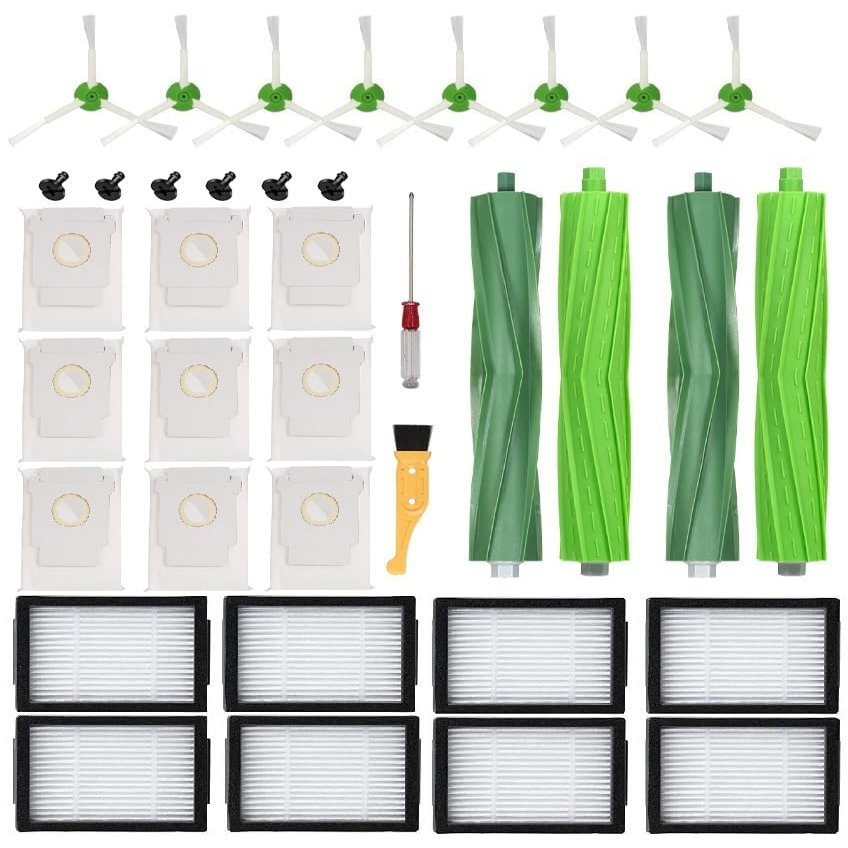 ANBOO 27 Pack Replacement Parts for iRobot Roomba i7 i7+ i3 i3+ i4 i4+ i6 i6+ i8 i8+ E5 E6 E7 Vacuum Cleaner,Replenishment Kit 2 Set Rubber Brushes & 8 Filters & 8 Side Brushes & 9 Vacuum Bags