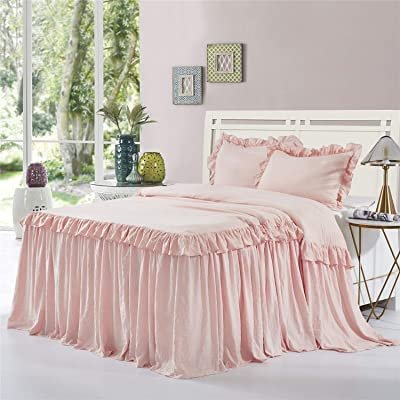 Dainty Homes : Double Ruffle 3 Piece Set Bed Spread Shabby Very Nice Looking Bedding 100% Egyptian Cotton 600 TC 30" Drop Twin XL -Solid Pink