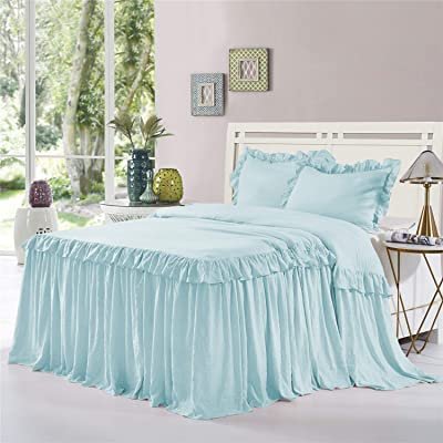 Dainty Homes : Double Ruffle 3 Piece Set Bed Spread Shabby Very Nice Looking Bedding 100% Egyptian Cotton 600 TC 30" Drop Twin XL -Solid Aqua