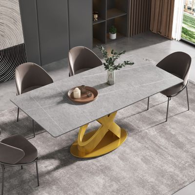 70.8" Modern Dining Table, Grey Sintered Stone Tabletop Dining Table with Solid Carbon Steel Base, Rectangular Dining Room Table for 6