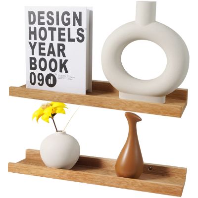 16 Inch Floating Shelves Wall Mounted Set of 2, Rustic Wall Shelves for Decor and Storage, Natural Solid Oak Wood Shelf, Picture Ledge for Bedroom/Bathroom/Living Room/Kitchen, Natural Color, 16*4*1.5