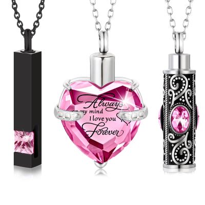 3 Pieces Cremation Urn Necklace for Ashes Vertical Bar Zircon, Heart Crystal Necklace Urn Stainless Steel Waterproof Memorial Pendant(Pink Zircon)