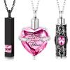 3 Pieces Cremation Urn Necklace for Ashes Vertical Bar Zircon, Heart Crystal Necklace Urn Stainless Steel Waterproof Memorial Pendant(Pink Zircon) view 1