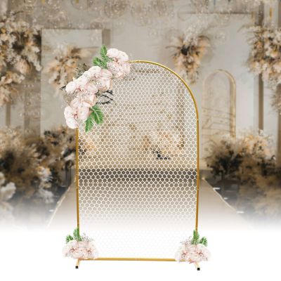 Fichiouy Modern Gold Wall Stand Wedding Arch Backdrop with Plastic Mesh, Wrought Iron Decorative Props Flower Decorative Rack 2M (Gold)