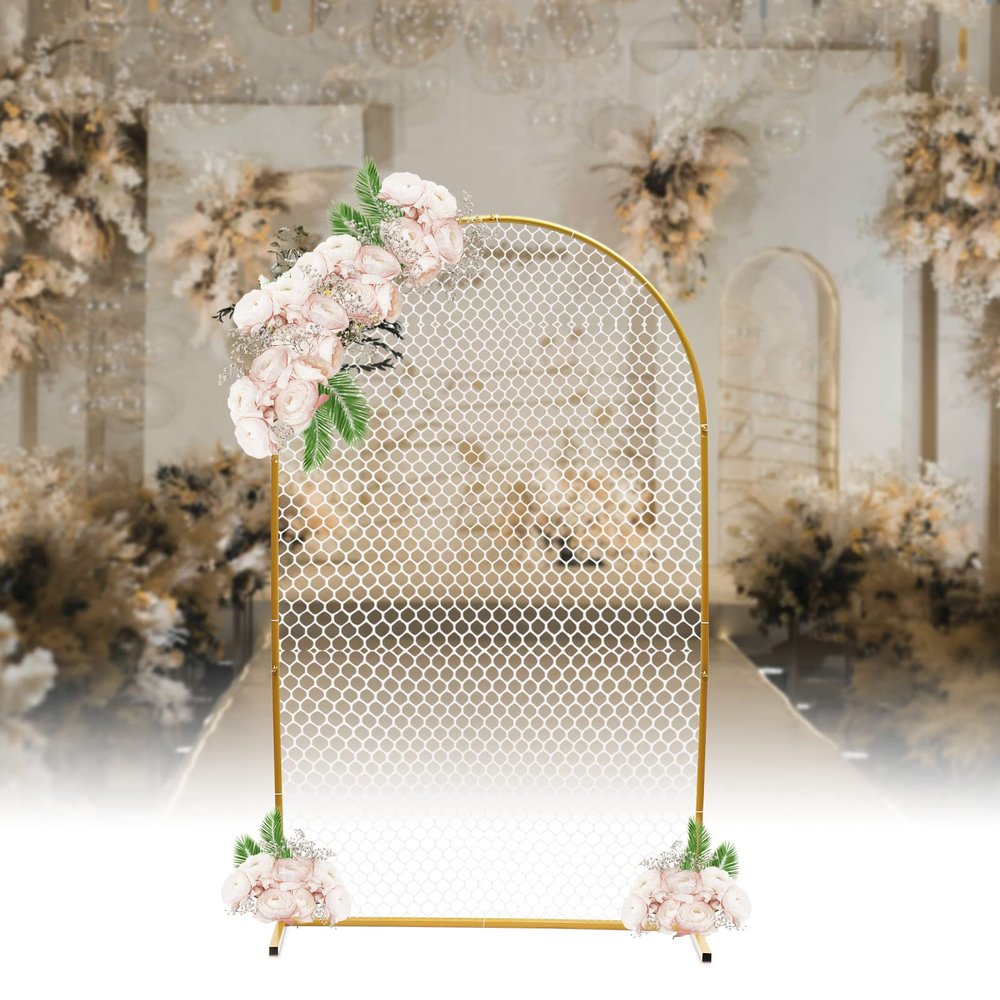 Fichiouy Modern Gold Wall Stand Wedding Arch Backdrop with Plastic Mesh, Wrought Iron Decorative Props Flower Decorative Rack 2M (Gold)