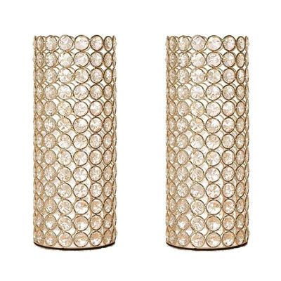 2 Pcs Gold Crystal Metal Tealight Candle Holder for Centerpieces, 10.4 inch Tall Blingbling Hurricane Candle Holder, Decorative Cylinder Vases for Centerpieces Room Decor Party