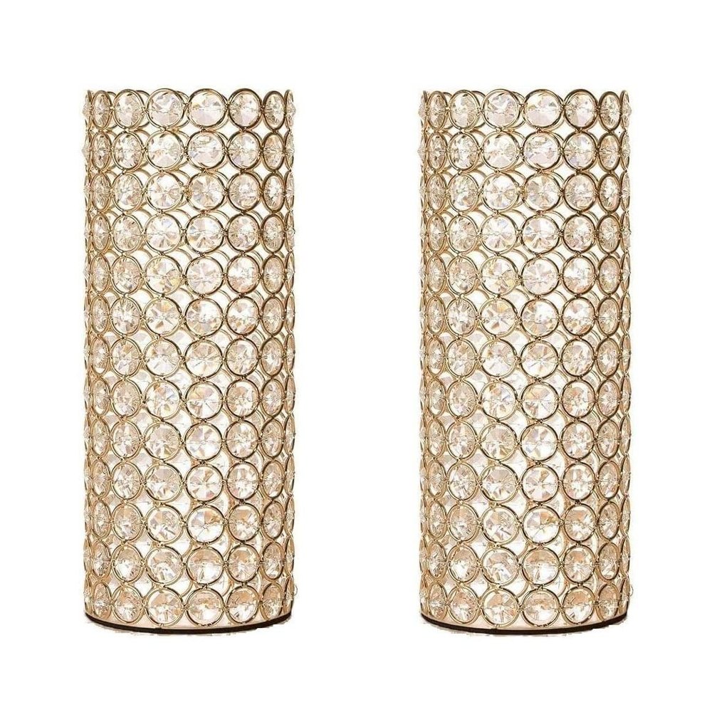 2 Pcs Gold Crystal Metal Tealight Candle Holder for Centerpieces, 10.4 inch Tall Blingbling Hurricane Candle Holder, Decorative Cylinder Vases for Centerpieces Room Decor Party