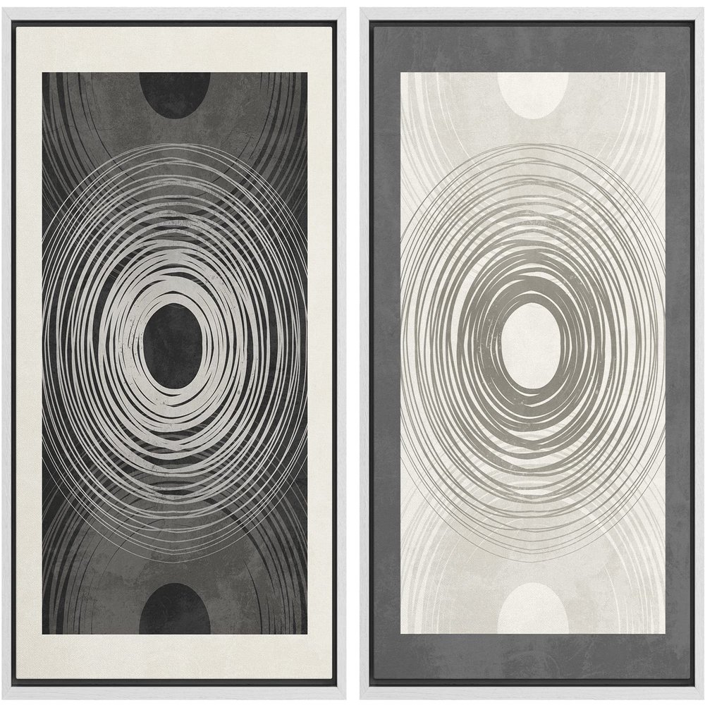 SIGNWIN Framed Canvas Print Wall Art Set Duotone Black White Geometric Ring Landscape Abstract Shapes Illustrations Minimal Decorative Bohemian for Living Room, Bedroom, Office - 24"x36"x2 White