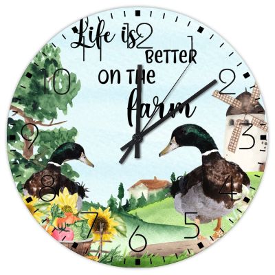 15" Minimalist Clock Life is Better on The Farm Home Decor for Classroom Decorative Farm Garden Duck Wall Clocks Non-Ticking Quartz Round Wooden Wall Clock Rustic for Children's Room Fitness Room