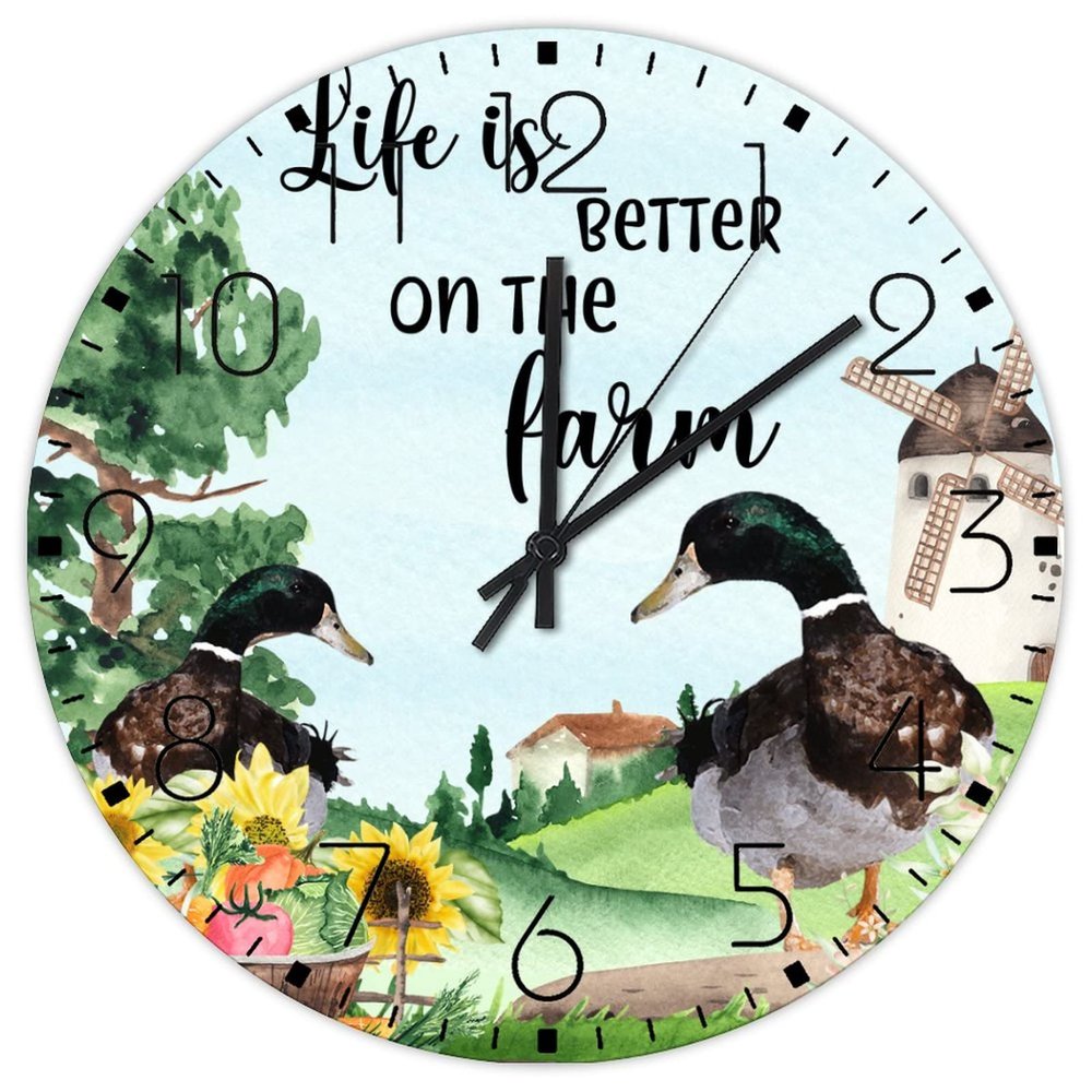 15" Minimalist Clock Life is Better on The Farm Home Decor for Classroom Decorative Farm Garden Duck Wall Clocks Non-Ticking Quartz Round Wooden Wall Clock Rustic for Children's Room Fitness Room