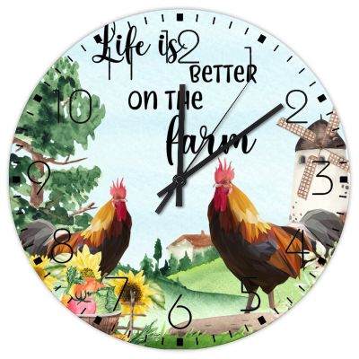 15" Wooden Wall Clock Life is Better on The Farm Fireplace Decor for Home Retro Chicken Paintings Farm Animal Wall Clocks Silent Non-Ticking Round Wooden Wall Clock Rustic for Indoor Exercise Room