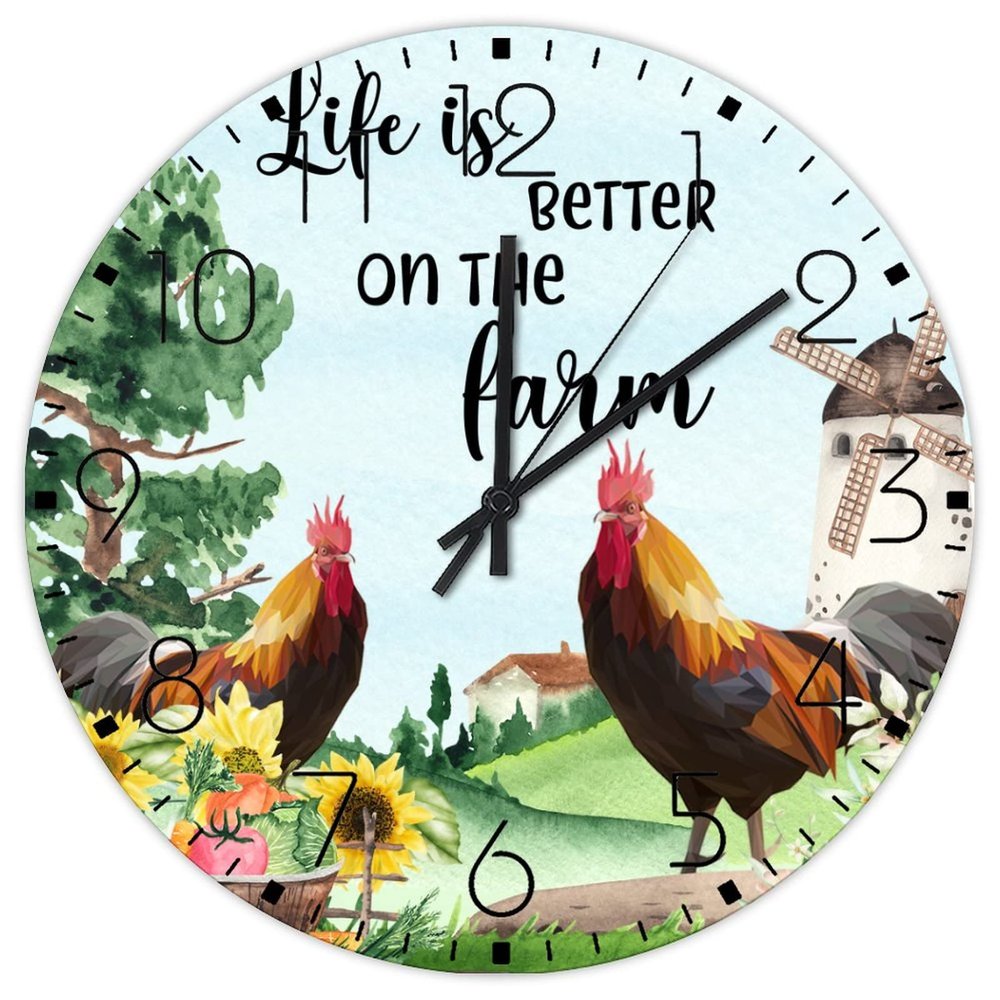15" Wooden Wall Clock Life is Better on The Farm Fireplace Decor for Home Retro Chicken Paintings Farm Animal Wall Clocks Silent Non-Ticking Round Wooden Wall Clock Rustic for Indoor Exercise Room