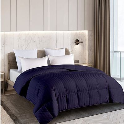 100% Natural Cotton All Season 1 Piece Eastern King Striped Comforter - Navy Stripe Quilted Comforter with 4 Corner Tabs - 500 GSM Fill Lightweight Down Alternative Bedding Comforters Only