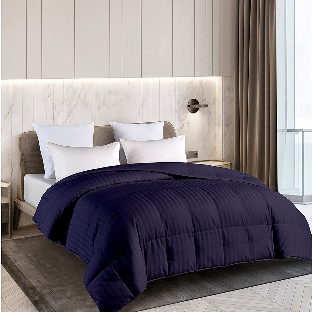 100% Natural Cotton All Season 1 Piece Eastern King Striped Comforter - Navy Stripe Quilted Comforter with 4 Corner Tabs - 500 GSM Fill Lightweight Down Alternative Bedding Comforters Only