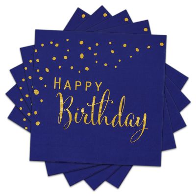 DYLIVeS Happy Birthday Napkins, Blue and Gold Foil Dots Napkins Disposable Paper Napkins for Dinner Picnic Cocktail Birthday Party Supplies Decorations for Boy Man, 6.5 x 6.5 Inch (Pack of 50)