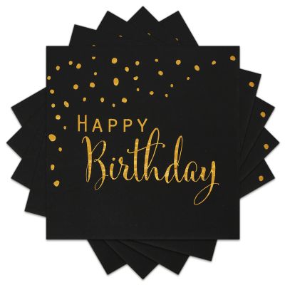 DYLIVeS Happy Birthday Napkins, Black and Gold Foil Dots Napkins Disposable Paper Napkins for Dinner Picnic Cocktail Birthday Party Supplies Decorations for Boy Man, 6.5 x 6.5 Inch (Pack of 50)